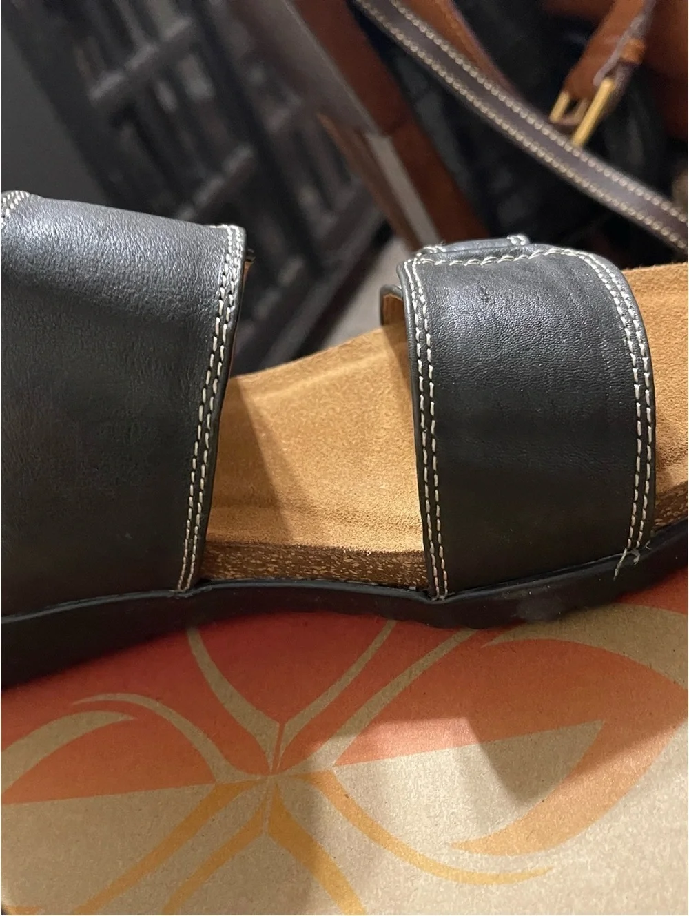Comfortiva Black Leather Adjustable Strap Sandals with Cushioned Footbed